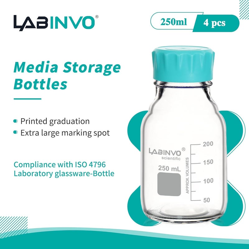 LINVO Glass Round Media Storage Bottles, 4pcs of Vol.250ml, 3.3 Borosilicate Glass Material, With GL45 Polypropylene Screw Cap in Aqua Blue Color, Type B Cap,IN-RB250A - Image 2